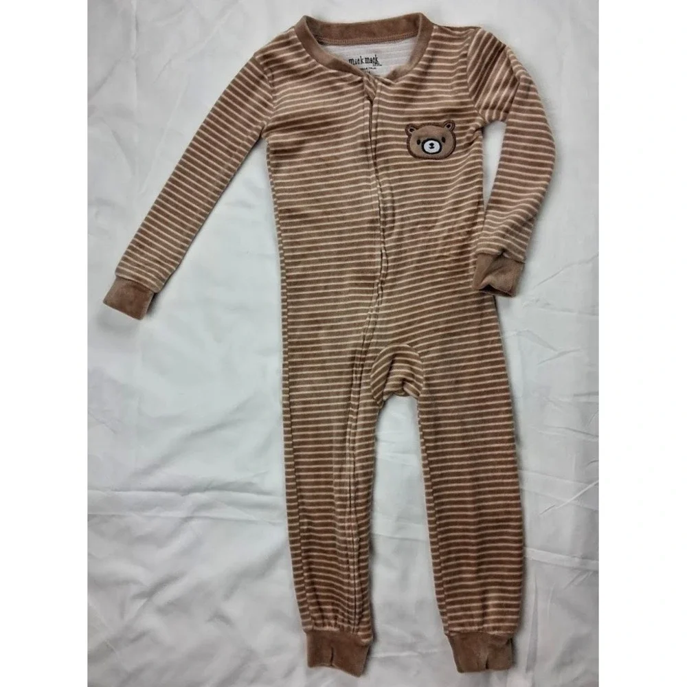 Mick Mack Ltd Baby Boy 24 Mos Velour Bear Sleeper Outfit Lot Open Feet Brown 2pc